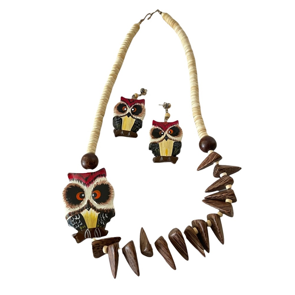 Wood Owl Necklace earring set hand painted Boho